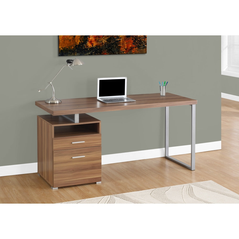 Monarch Specialties Contemporary 60inW Computer Desk With 2-Drawers And Open Shelf, Walnut/Silver