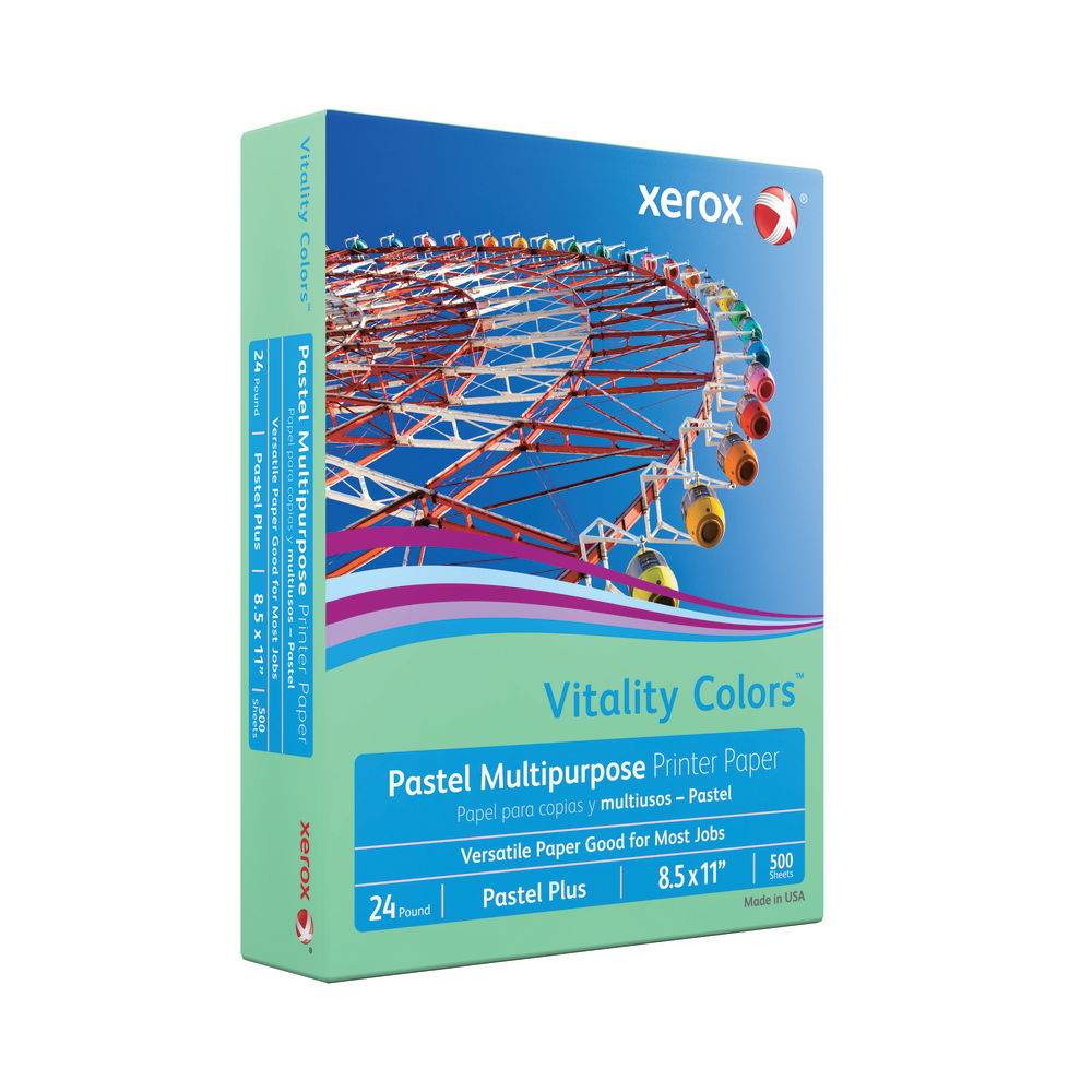 Xerox Vitality Colors Pastel Plus Color Multi-Use Printer & Copy Paper, Green, Letter (8.5in x 11in), 500 Sheets Per Ream, 24 Lb, 30% Recycled