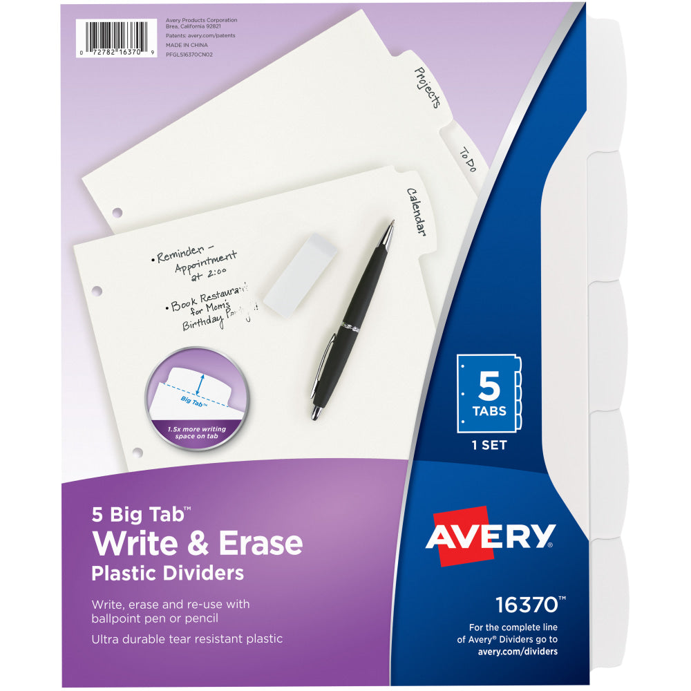 Avery Durable Write-On Plastic Dividers With Erasable Tabs, 8 1/2in x 11in, White, 5 Tabs