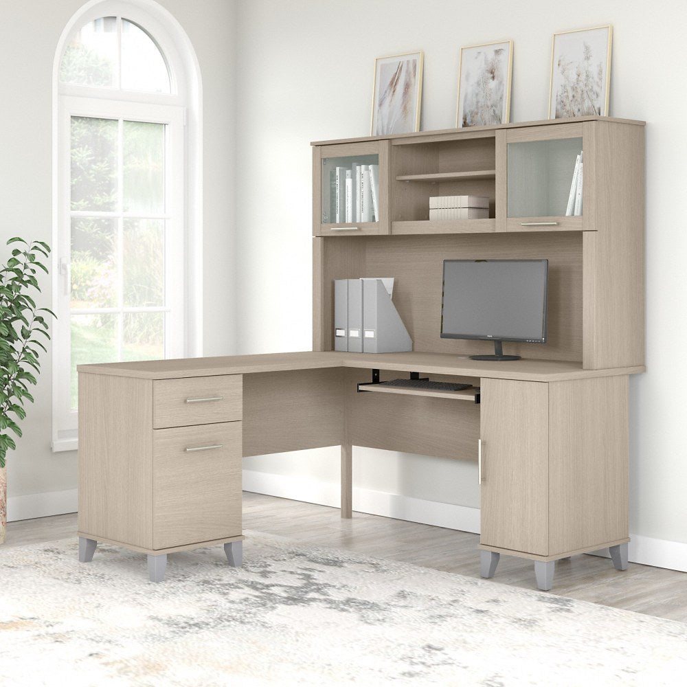 Bush Business Furniture Somerset 60inW L-Shaped Corner Desk With Hutch, Sand Oak, Standard Delivery