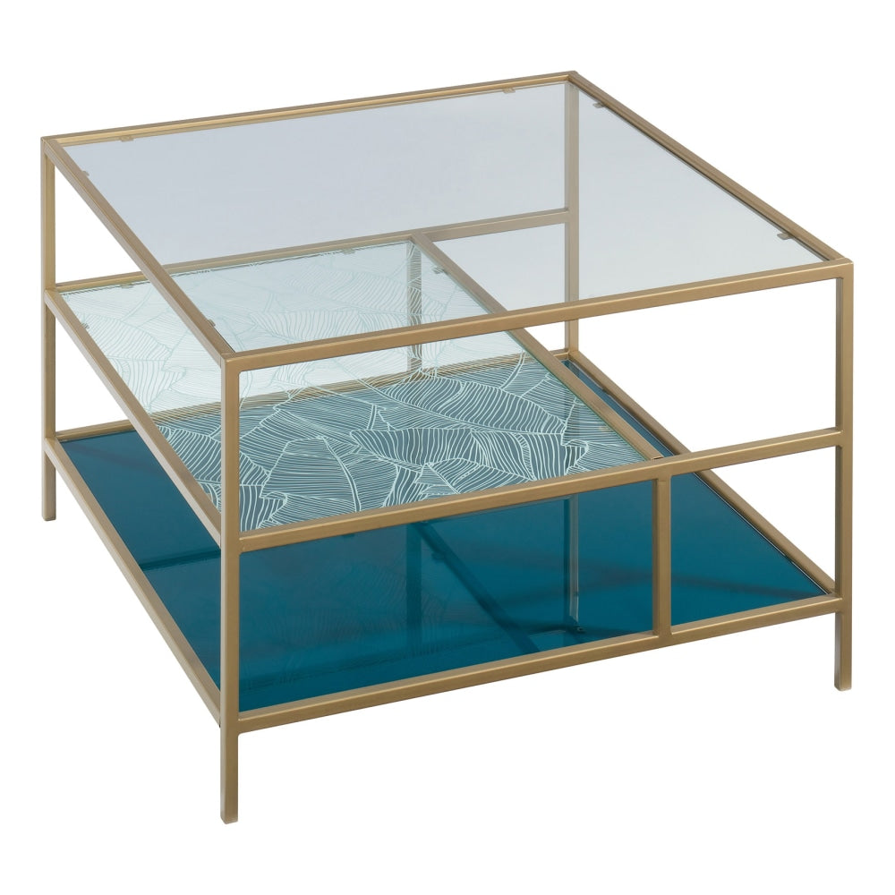 Sauder Coral Cape Glass Square Coffee Table, 19in x 29-1/2in, Satin Gold/Teal