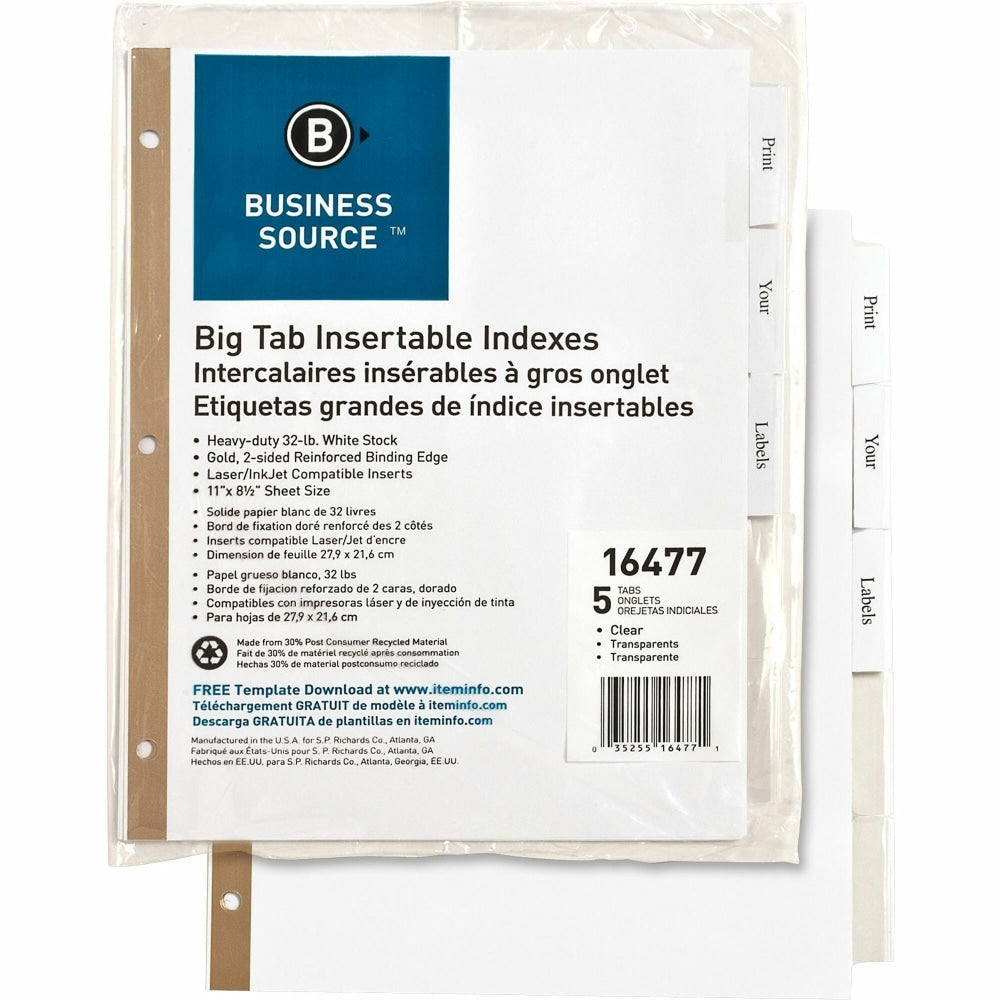 Business Source Tear-resistant Clear Tab Index Dividers - 5 x Divider(s) - 5 Tab(s)/Set - 8.5in Divider Width x 11in Divider Length - Letter - White Divider - Clear Tab(s) - Recycled - Tear Resistant - 5 / Set