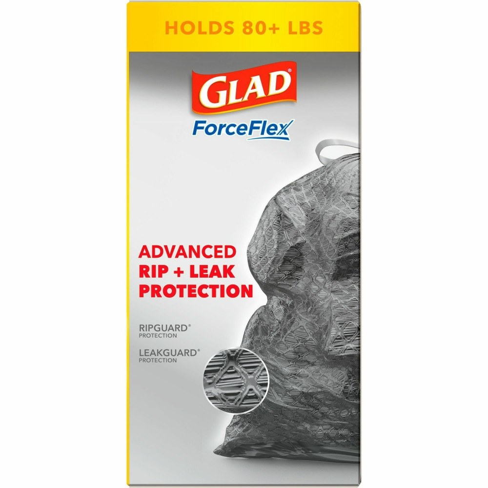 Glad ForceFlexPlus Large Drawstring Trash Bags - Large Size - 30 gal Capacity - Drawstring Closure - Black - 156/Bundle - 25 Per Box - Home, Office, Can