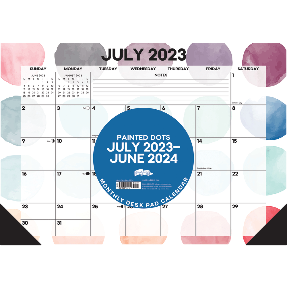 2023-2024 Willow Creek Press Academic Monthly Desk Pad Calendar, 12in x 17in, Painted Dots, July 2023 To June 2024