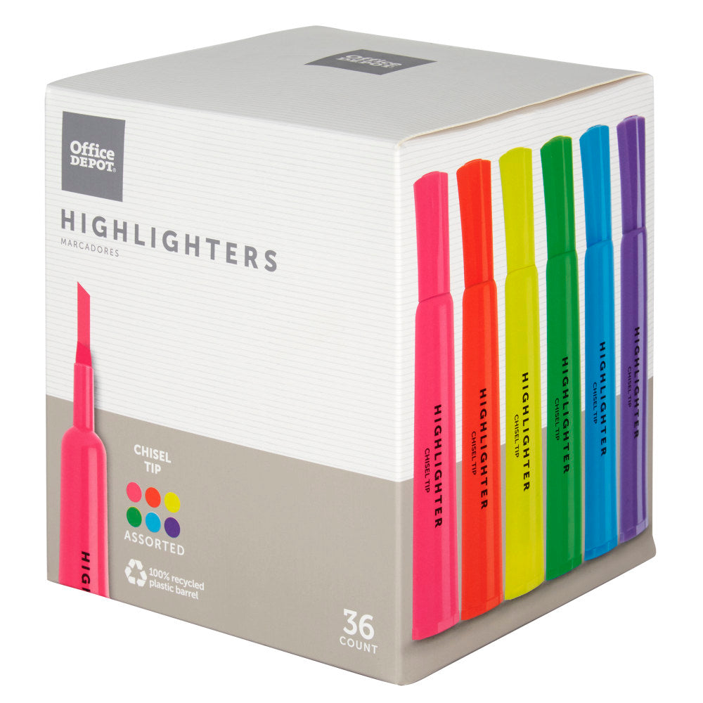 Office Depot Brand Chisel-Tip Highlighter, 100% Recycled Plastic Barrel, Assorted Fluorescent Colors, Pack Of 36