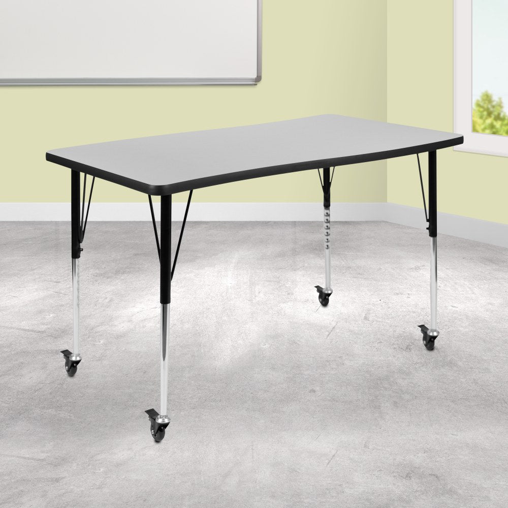 Flash Furniture Mobile Rectangle Wave Flexible Collaborative Thermal Laminate Activity Table With Standard Height-Adjustable Legs, 30inH x 28inW x 47-1/2inD, Gray