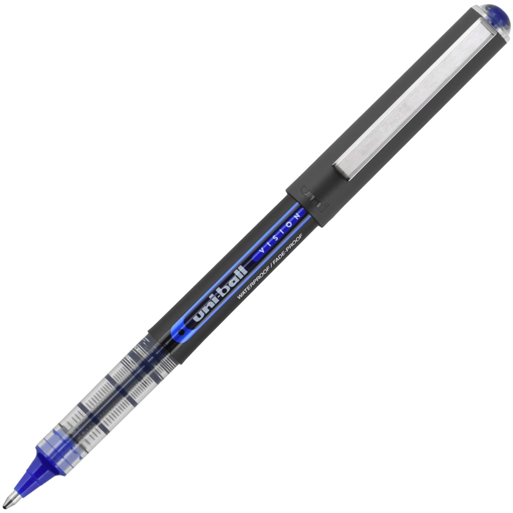 uni-ball Vision Liquid Ink Rollerball Pens, Bold Point, 1.0 mm, Blue Barrel, Blue Ink, Pack Of 12 Pens