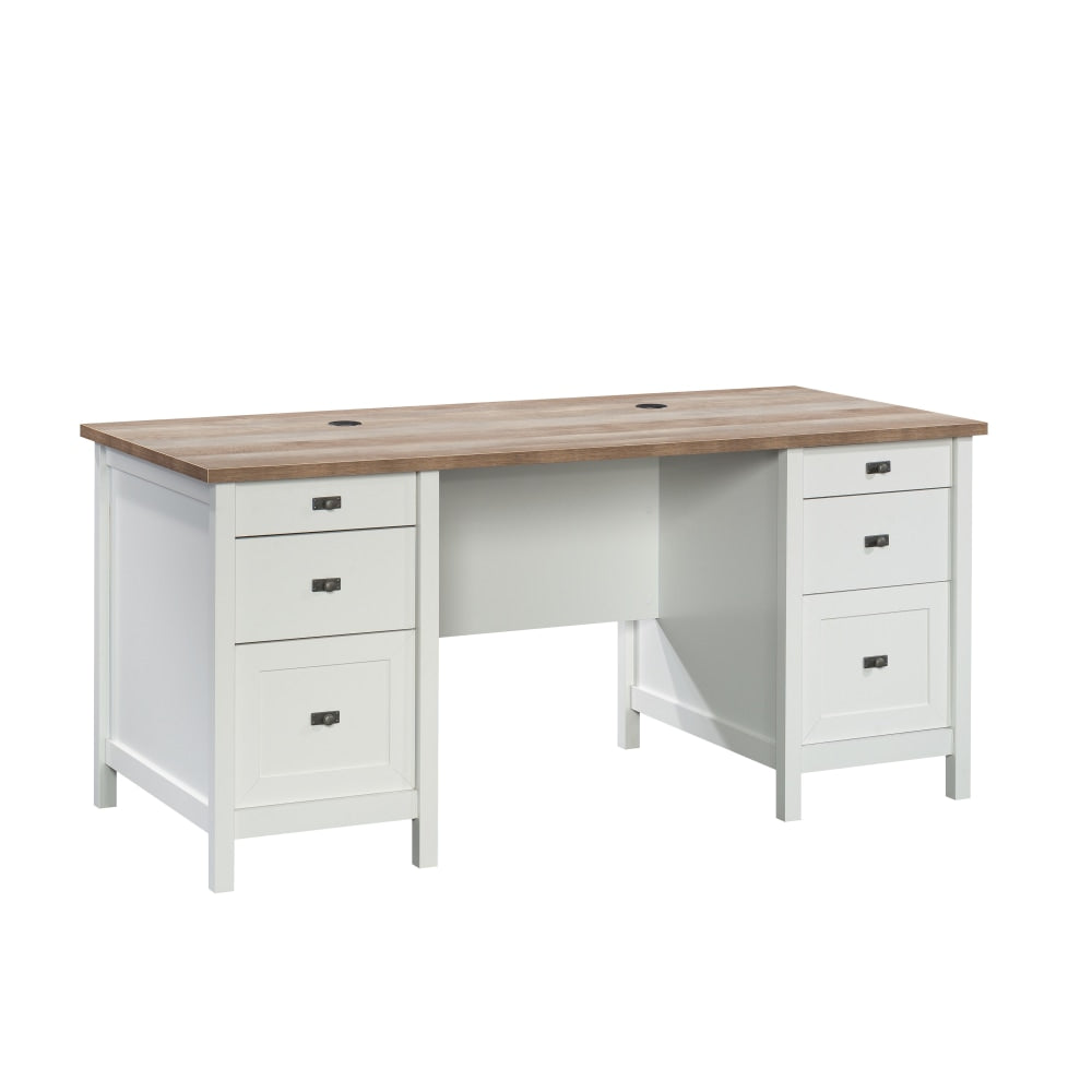 Sauder Cottage Road 66inW Executive Double-Pedestal Computer Desk With Drawers, White/Lintel Oak