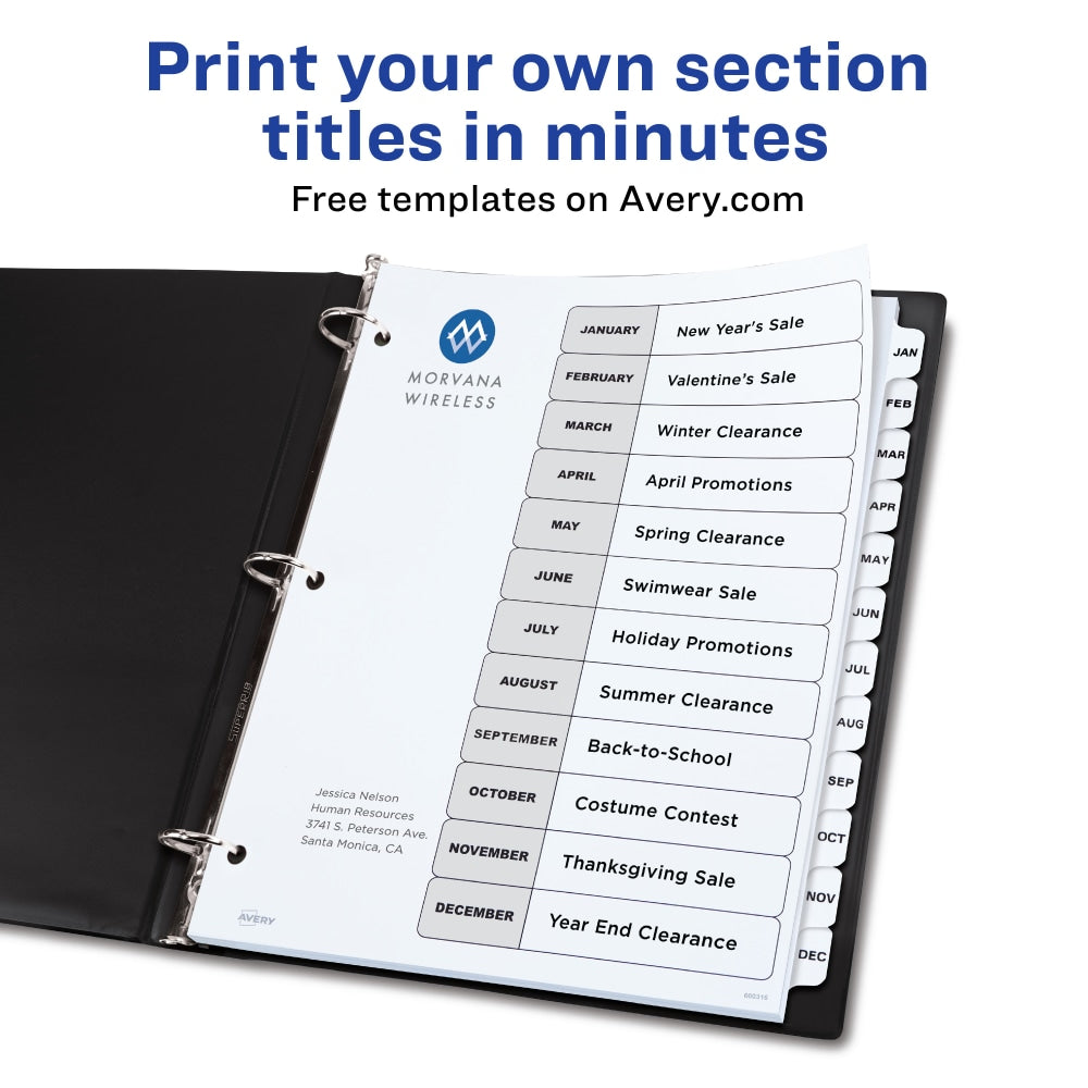 Avery Ready Index Jan-Dec Binder Dividers With Customizable Table of Contents, 8-1/2in x 11in, 12 Tabs Per Set, Classic White Tabs, Pack Of 6 Sets