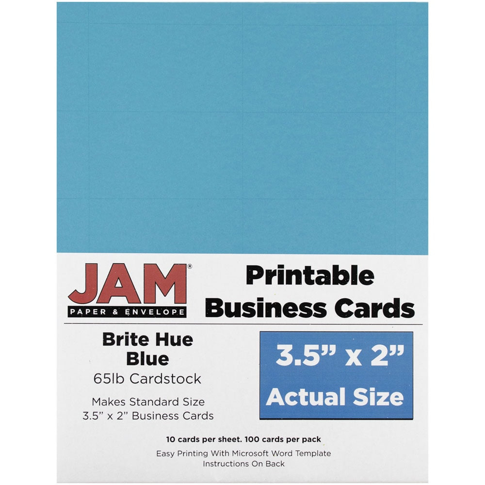 JAM Paper Printable Business Cards, 3 1/2in x 2in, Blue, 10 Cards Per Sheet, Pack Of 10 Sheets