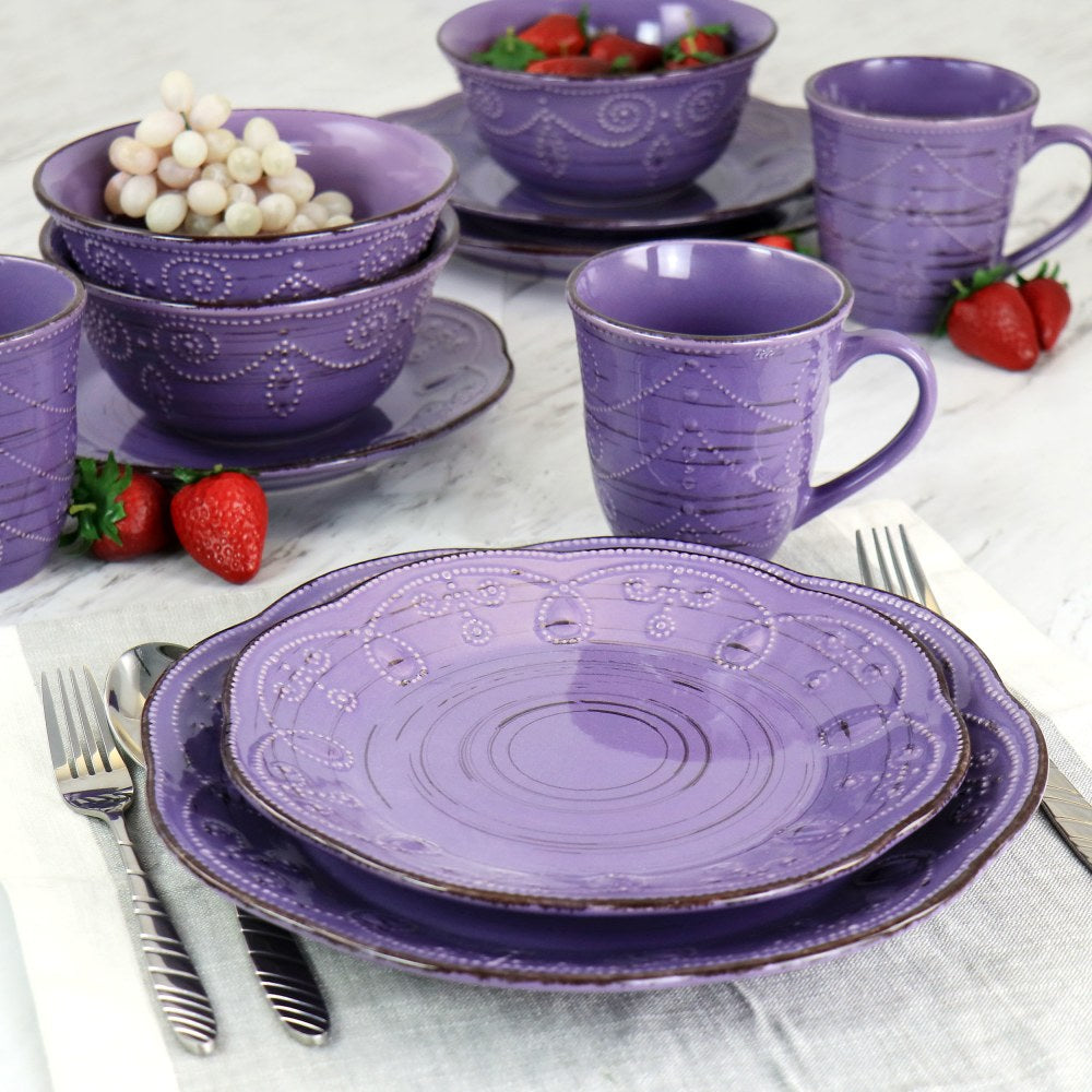 Elama Rustic Birch 16-Piece Stoneware Dinnerware Set,  Purple