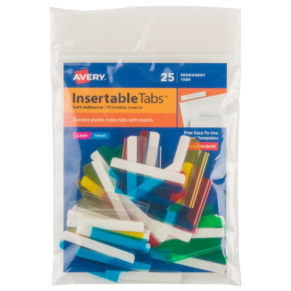 Avery Insertable Self-Adhesive Index Tabs With Printable Inserts, 1-1/2in, Assorted (Blue, Clear, Green, Red, Yellow), Pack Of 25