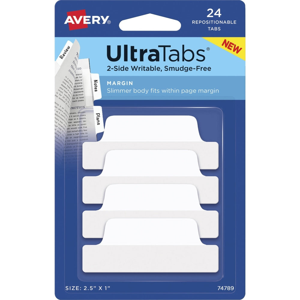 Avery Ultra Tabs Repositionable Margin Tabs - 24 Tab(s) - 6 Tab(s)/Set - Clear Film, White Paper Tab(s) - 4