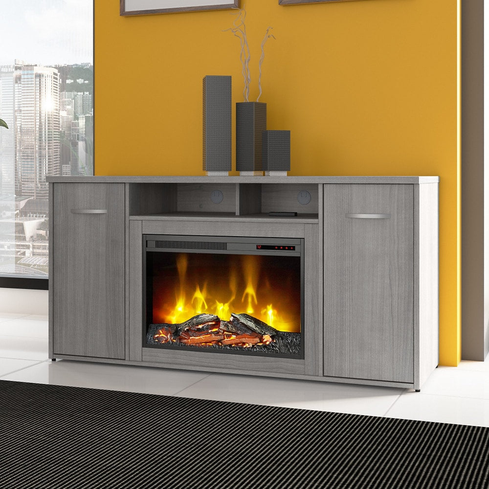 Bush Business Furniture Studio C 60inW Office Storage Cabinet With Doors And Electric Fireplace, Platinum Gray, Standard Delivery