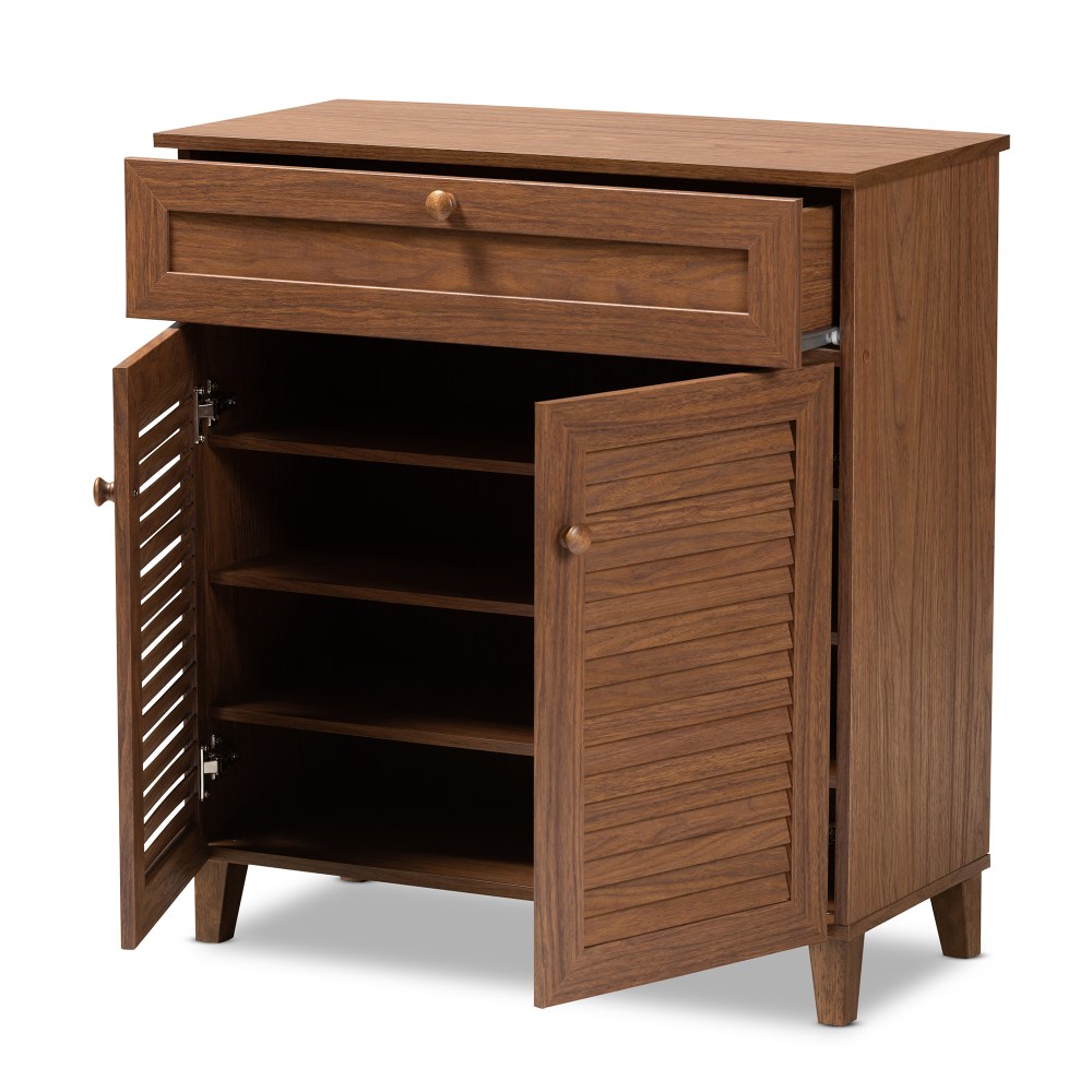 Baxton Studio Coolidge Finished 4-Shelf Wood Shoe Storage Cabinet With Drawer, Walnut