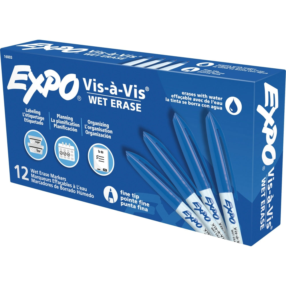 EXPO Vis-A-Vis Wet-Erase Fine-Tip Markers, Blue, Box Of 12