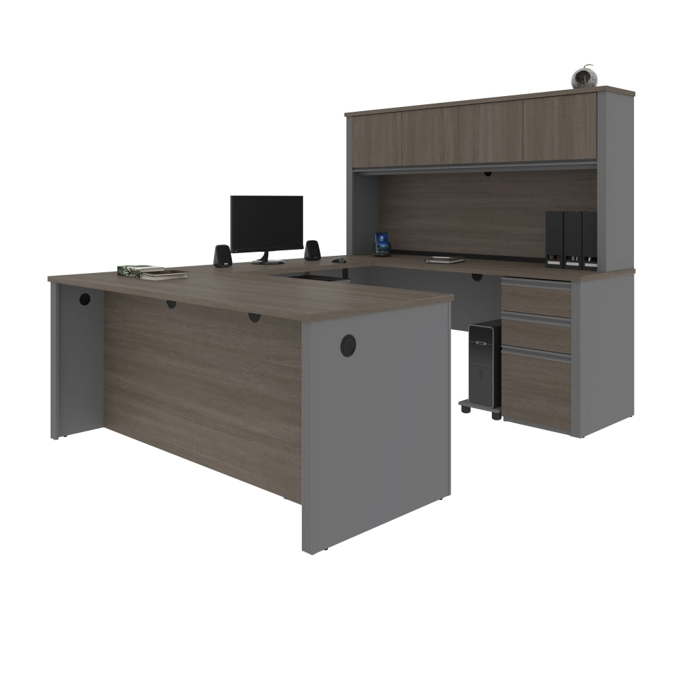 Bestar Prestige + 72inW U-Shaped Executive Computer Desk With 2 Pedestals And Hutch, Bark Gray/Slate