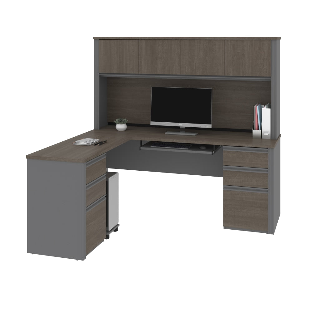 Bestar Prestige + 72inW Modern L-Shaped Corner Desk With 2 Pedestals And Hutch, Bark Gray/Slate