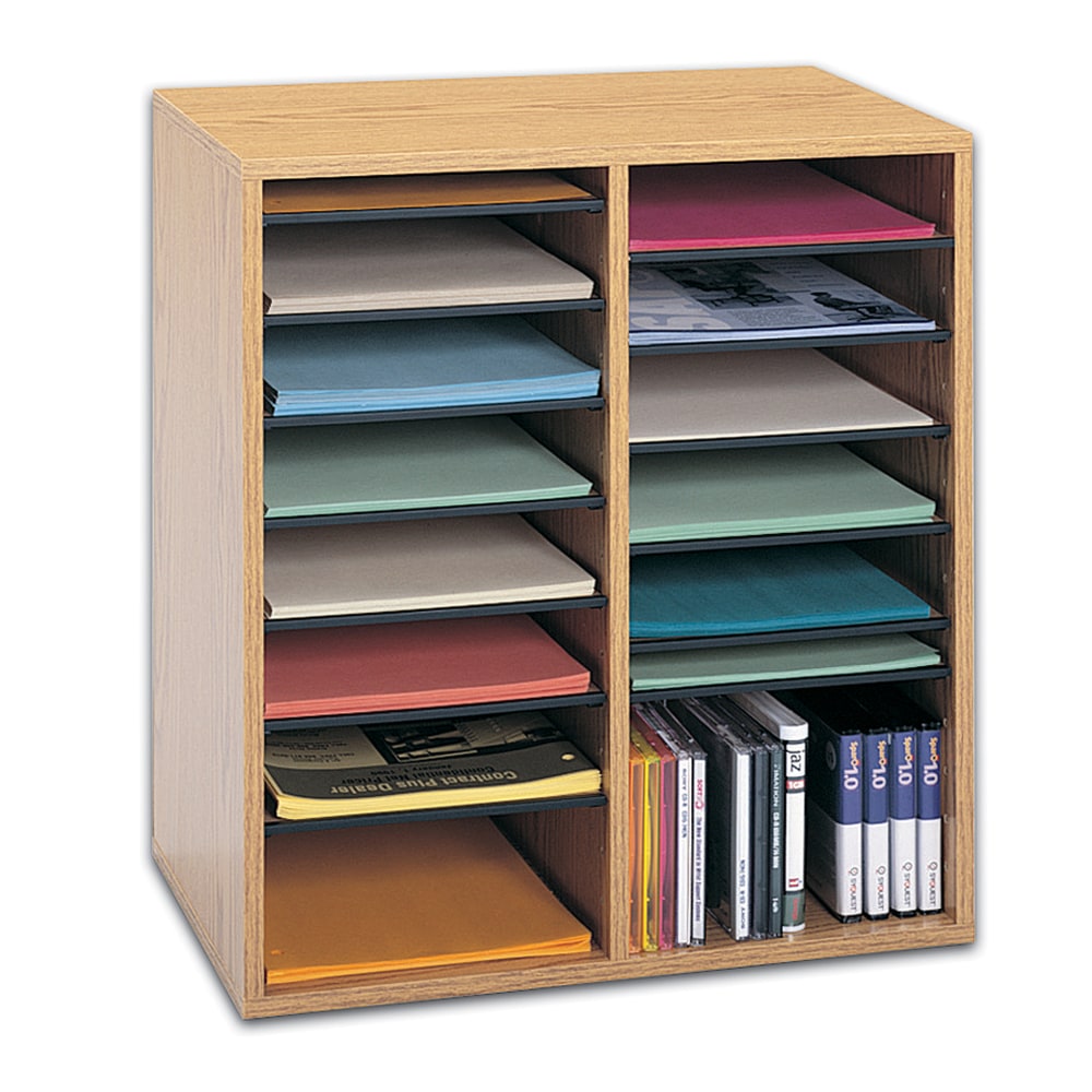 Safco Adjustable Wood Literature Organizer, 20inH x 19 1/2inW x 11 3/4inD, 16 Compartments, Oak