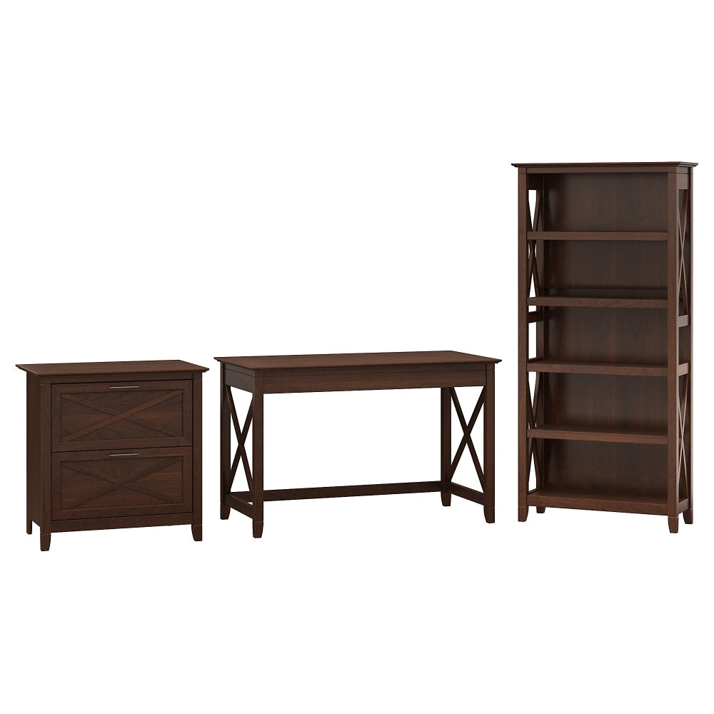 Bush Furniture Key West 48inW Writing Desk With 2 Drawer Lateral File Cabinet And 5 Shelf Bookcase, Bing Cherry, Standard Delivery