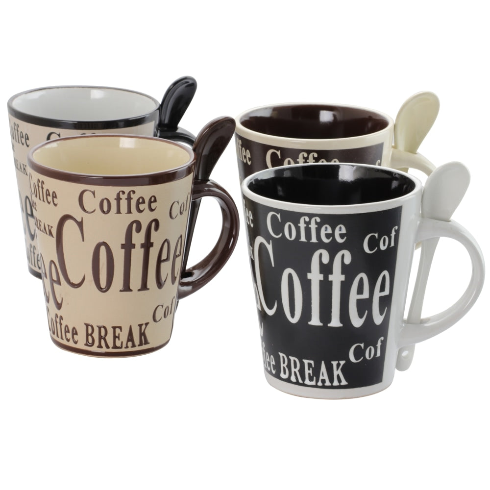 Mr. Coffee Mug And Spoon Set, Bareggio, 12 Oz., Taupe/Black, Set Of 4 Mugs With Matching Spoons