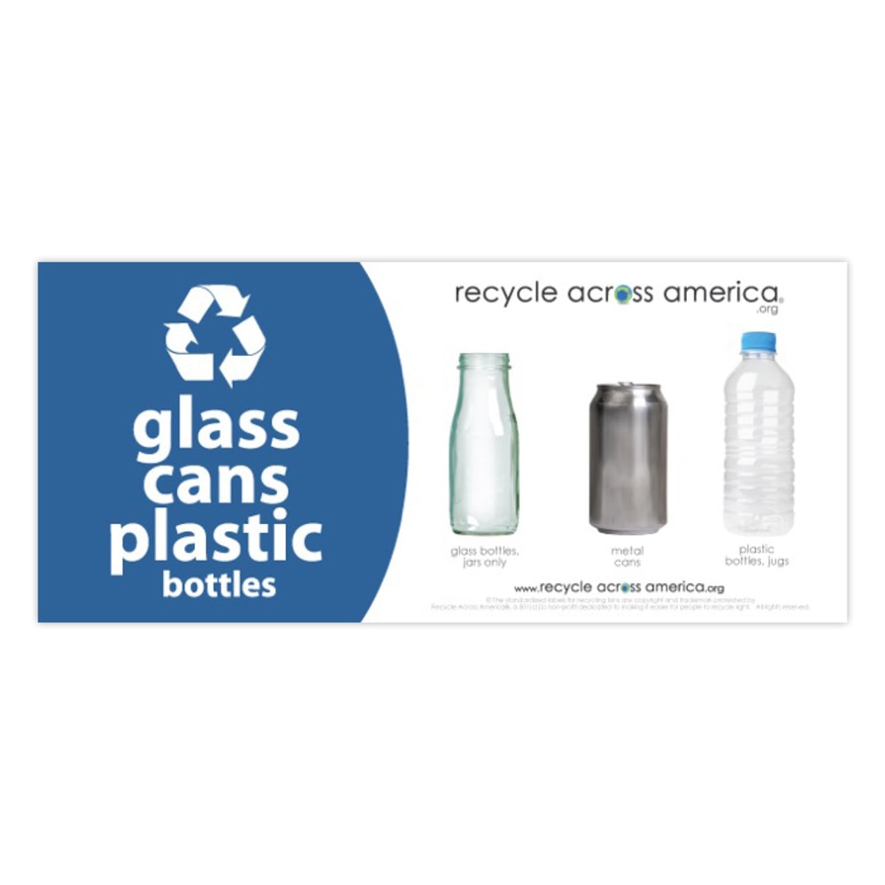 Recycle Across America Glass, GCP-0409, Cans And Plastics Standardized Recycling Label, 4in x 9in, Blue