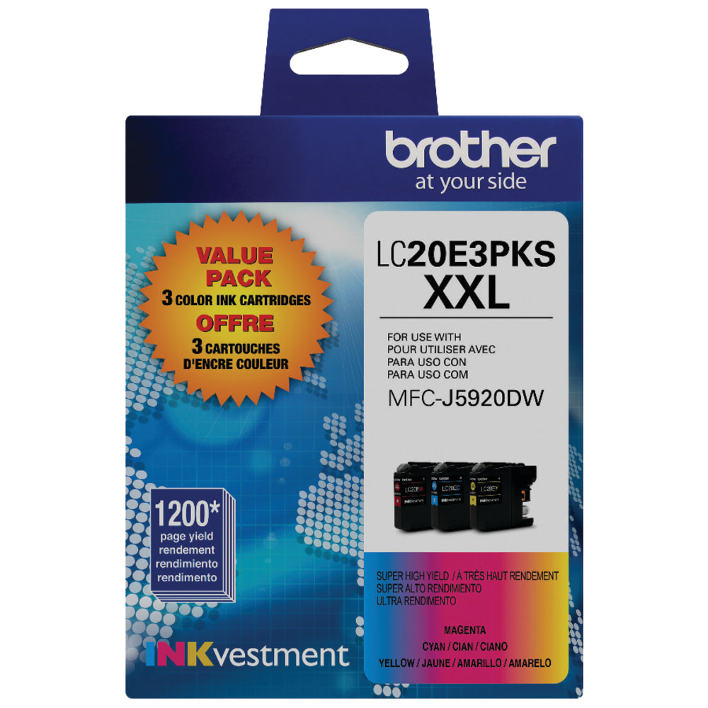 Brother LC20E Cyan; Magenta; Yellow Super-High-Yield Ink Cartridges, Pack Of 3, LC20E3PKS