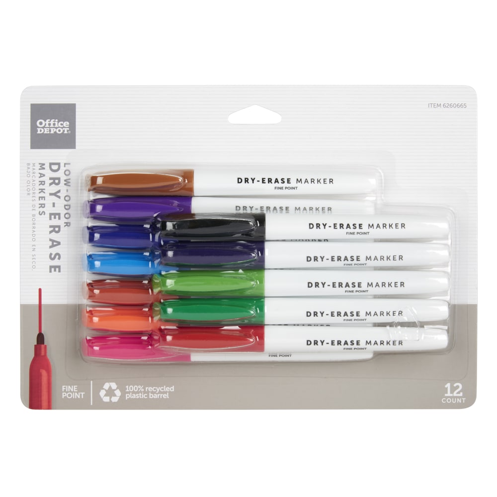 Office Depot Brand Low-Odor Pen-Style Dry-Erase Markers, Fine Point, 100% Recycled Plastic Barrel, Assorted Colors, Pack Of 12