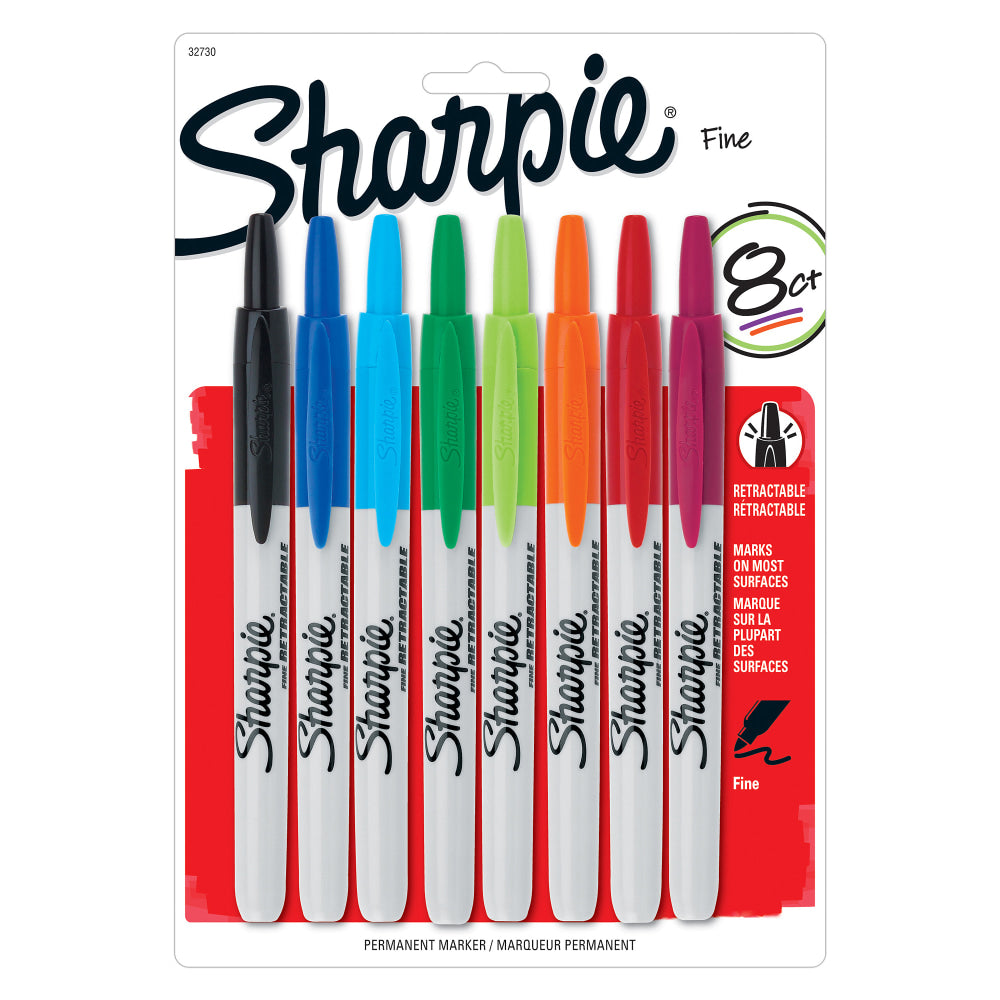 Sharpie Retractable Permanent Markers, Fine Point, Assorted Colors, Pack Of 8 Markers