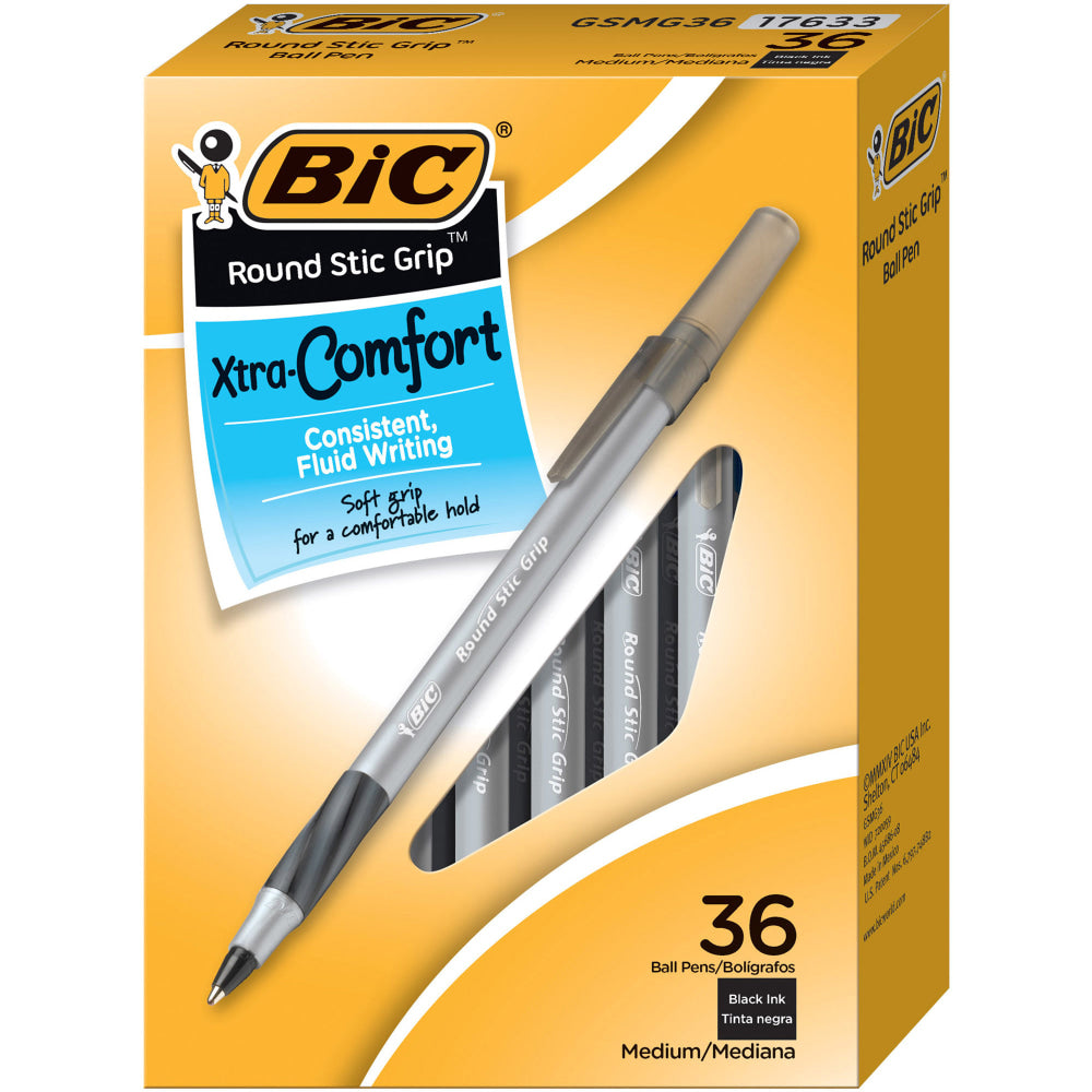 BIC Round Stic Grip Ballpoint Pens, Medium Point, 1.2 mm, Black Ink, Pack Of 36 Pens