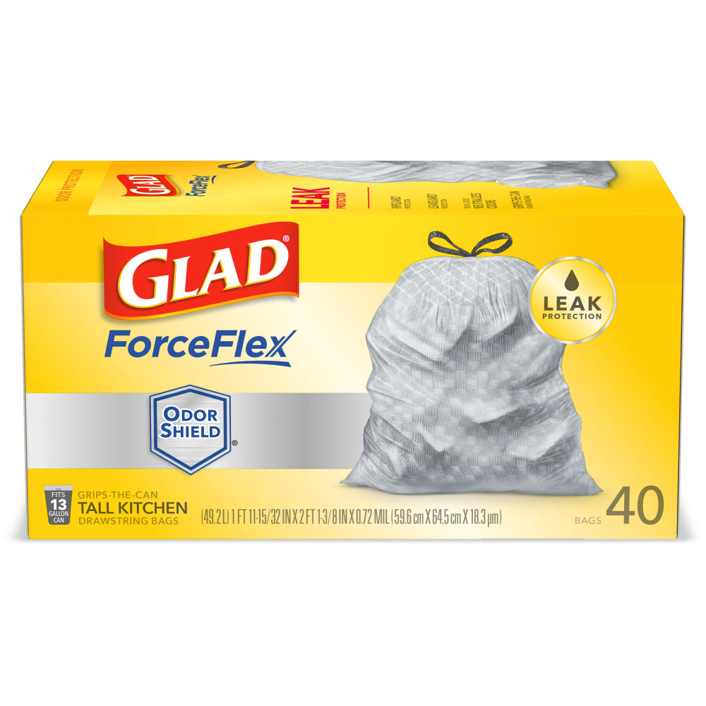 Glad ForceFlex Tall Kitchen Drawstring Trash Bags - OdorShield - 13 gal Capacity - 23.74in Width x 24.88in Length - 0.72 mil (18 Micron) Thickness - Drawstring Closure - Gray - 6/Carton - 40 Per Box