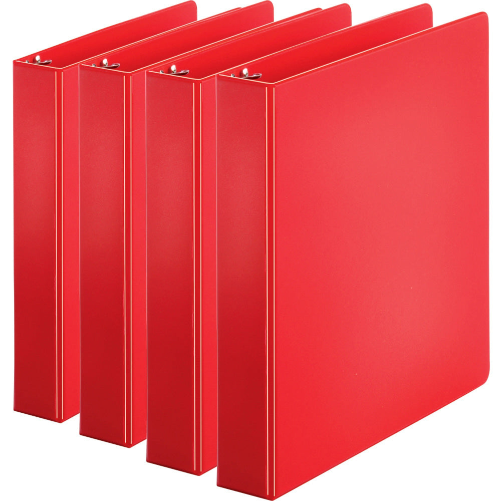 Business Source Basic Round Ring Binders, 1 1/2in Ring, 8 1/2in x 11in, Red, Pack Of 4