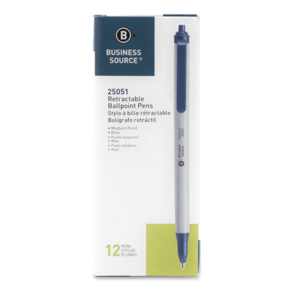 Business Source Retractable Ballpoint Pens - Medium Pen Point - Retractable - Blue - Gray Barrel - 1 Dozen