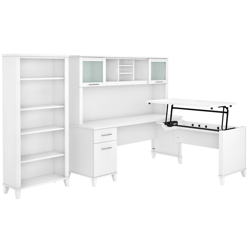 Bush Furniture Somerset 72inW 3-Position Sit-To-Stand L-Shaped Desk With Hutch And Bookcase, White, Standard Delivery