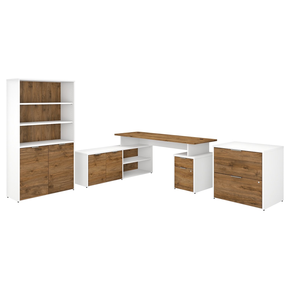 Bush Business Furniture Jamestown 72inW L-Shaped Corner Desk With Lateral File Cabinet And 5-Shelf Bookcase, Fresh Walnut/White, Standard Delivery