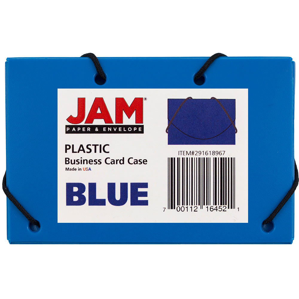 JAM Paper Plastic Business Card Case With Round Flap, 3 1/2in x 2 1/4in x 1/4in, Blue