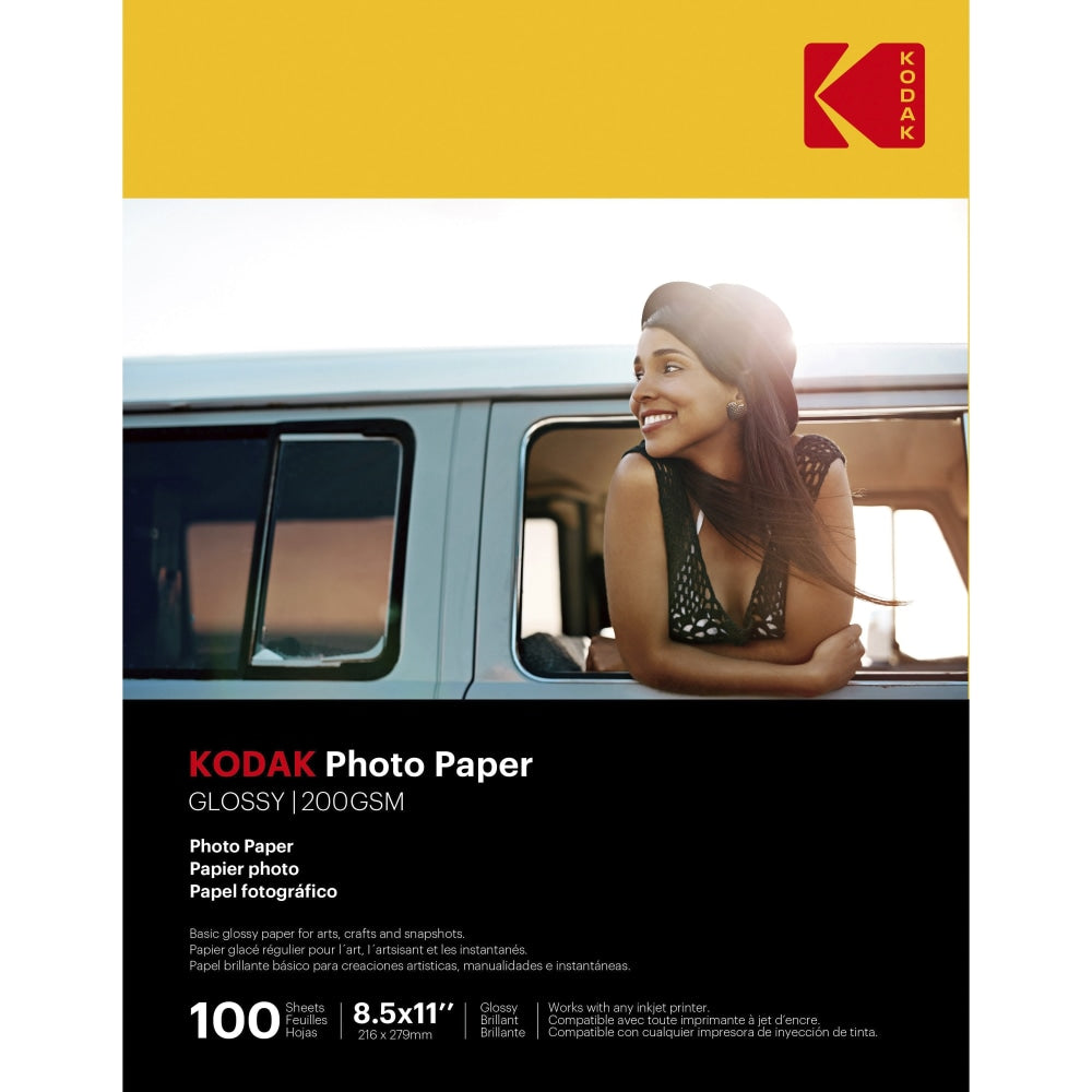 Kodak Glossy Photo Paper - Letter - 8 1/2in x 11in - Glossy - 100 / Pack - Smear Proof, Smudge Proof - White