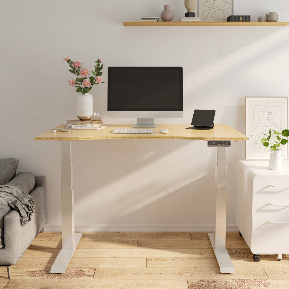 FlexiSpot E7 Electric 55inW Height-Adjustable Standing Desk, Bamboo/White