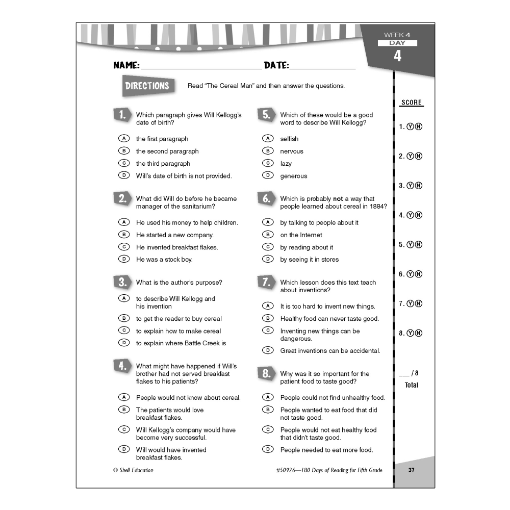 Shell Education 180 Days Of Reading Workbook, Grade 5