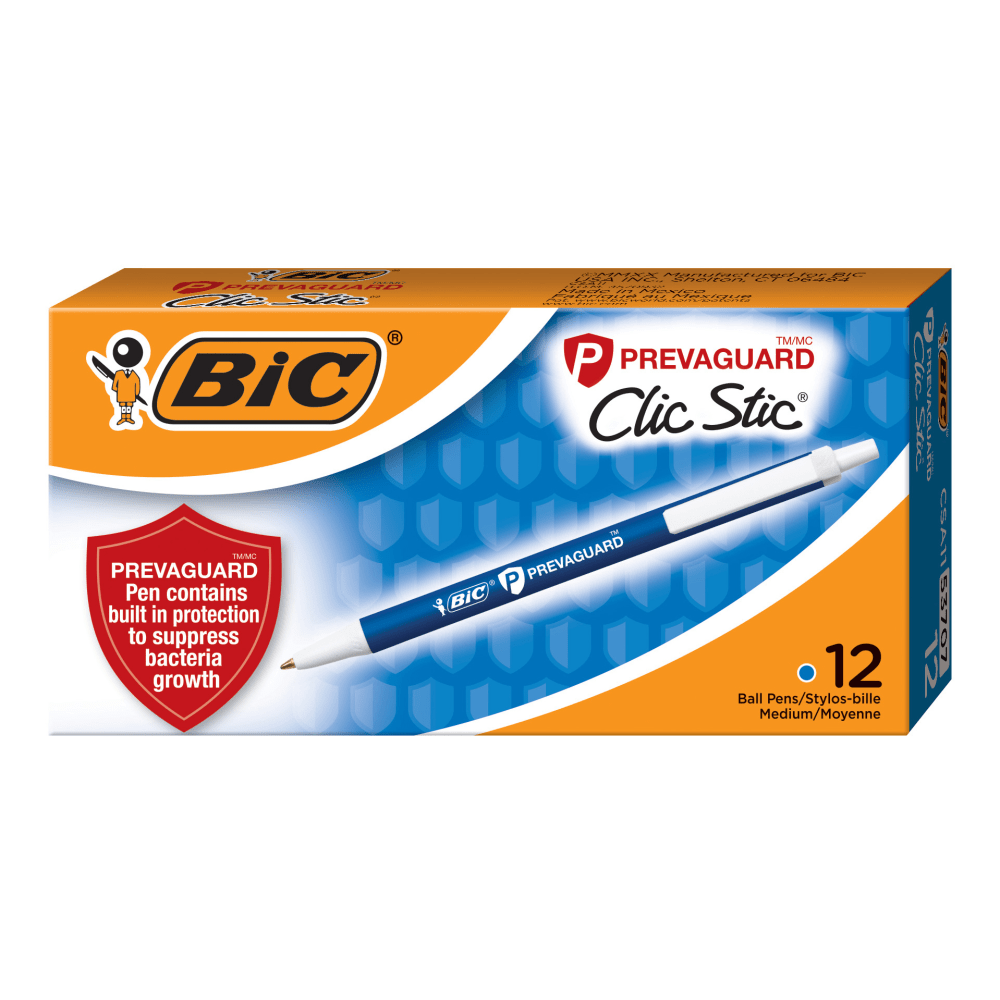 BIC PrevaGuard Clic Stic Ballpoint Pens With Antimicrobial Additive, Medium Point, 1.0 mm, Blue Barrel, Blue Ink, Pack Of 12 Pens