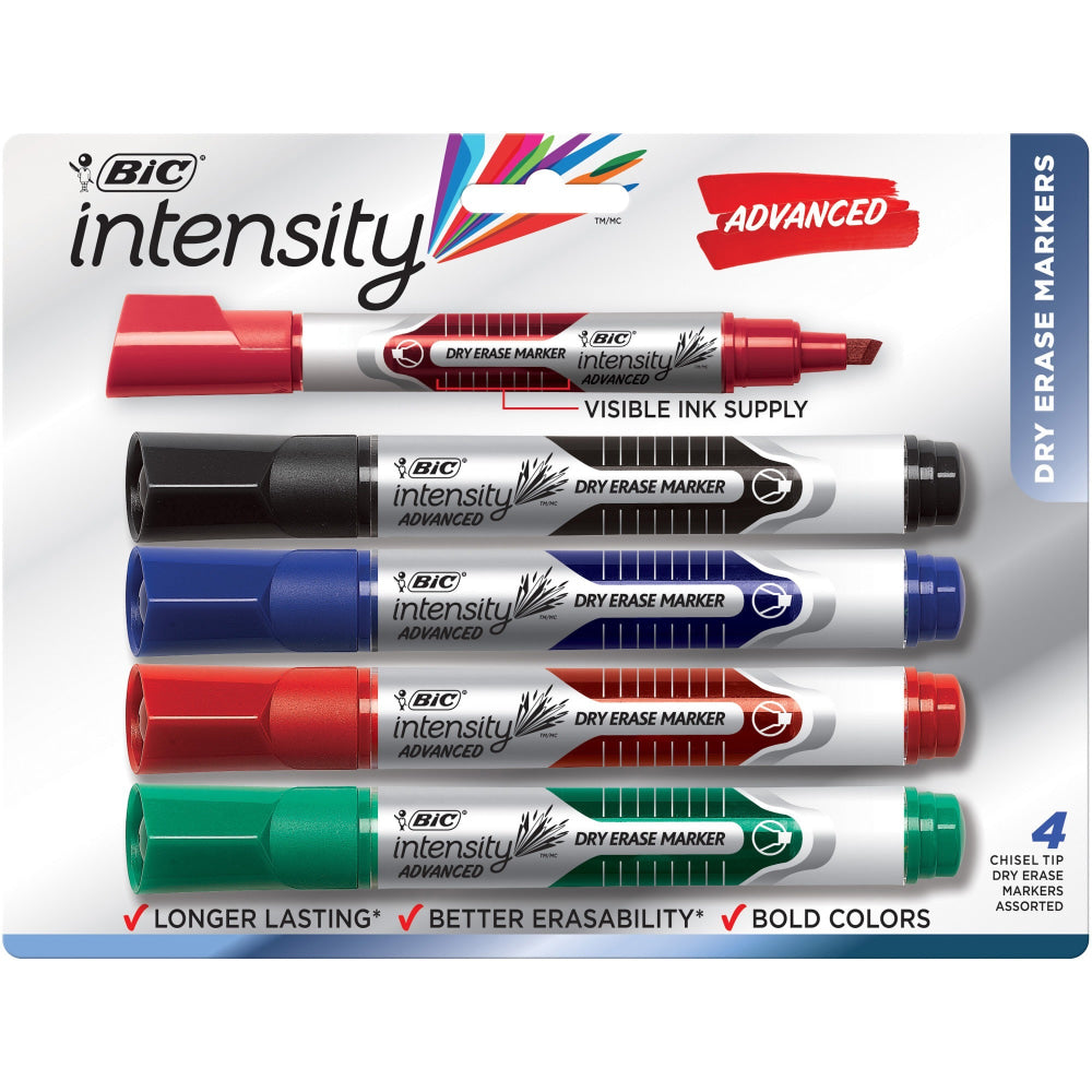 BIC Intensity Advanced Low Odor Dry-Erase Markers, Chisel Tip, Assorted Colors, Pack Of 4 Markers