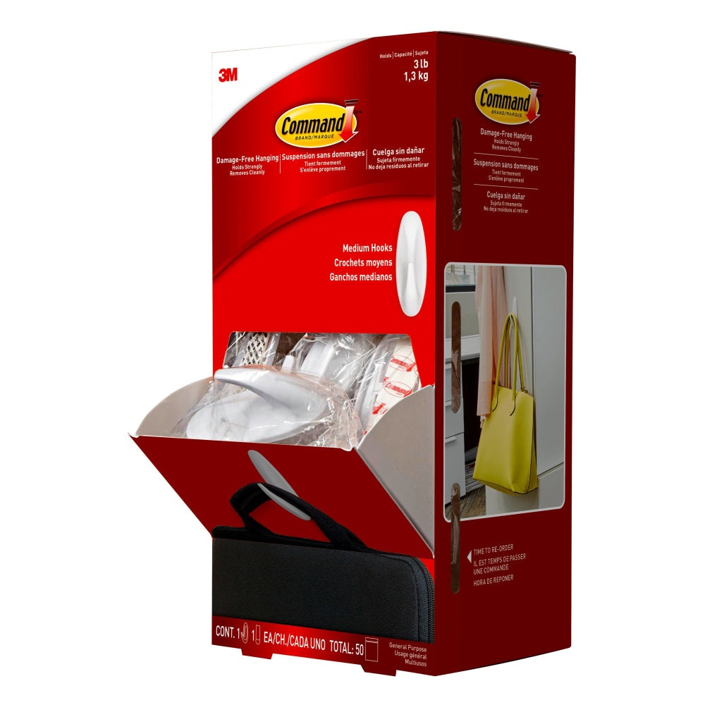 3M Command Damage-Free Removable Hooks, Cabinet, 3inH x 1inW x 1inD, White, Pack of 50 Hooks and Medium Strips