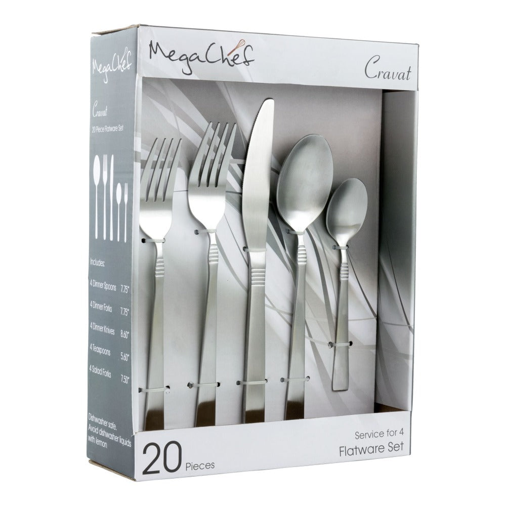 MegaChef Cravat 20-Piece Stainless-Steel Flatware Set, Matte Silver