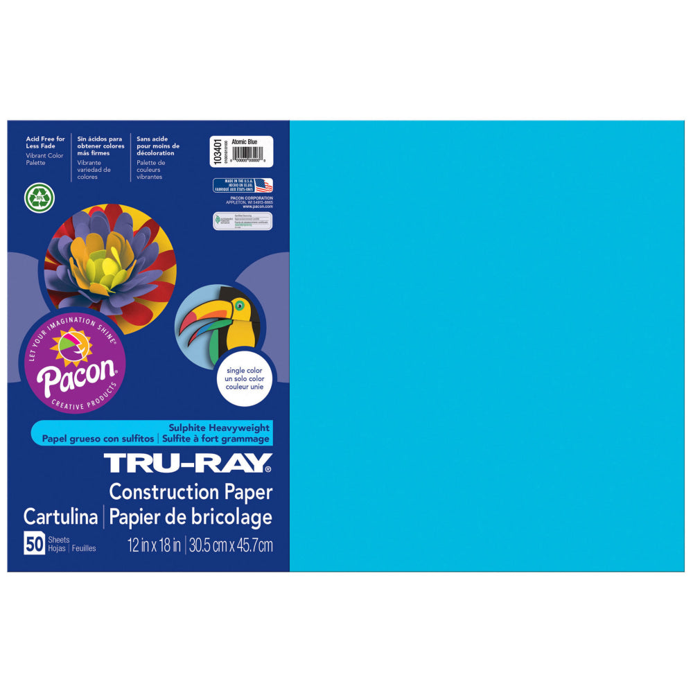 Tru-Ray Construction Paper, 12in x 18in, Atomic Blue, 50 Sheets Per Pack, Set Of 3 Packs