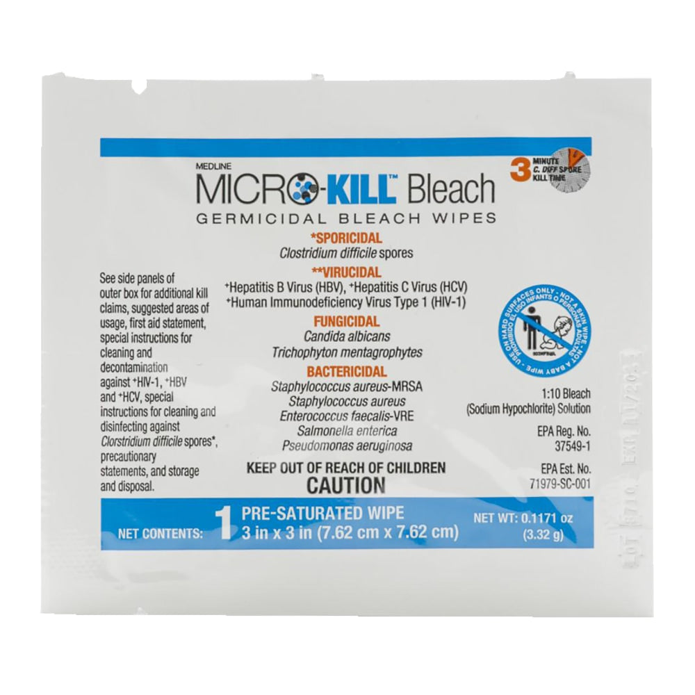 Medline Micro-Kill+ Bleach Germicidal Bleach Wipes, 3in x 3in, White, Box Of 100