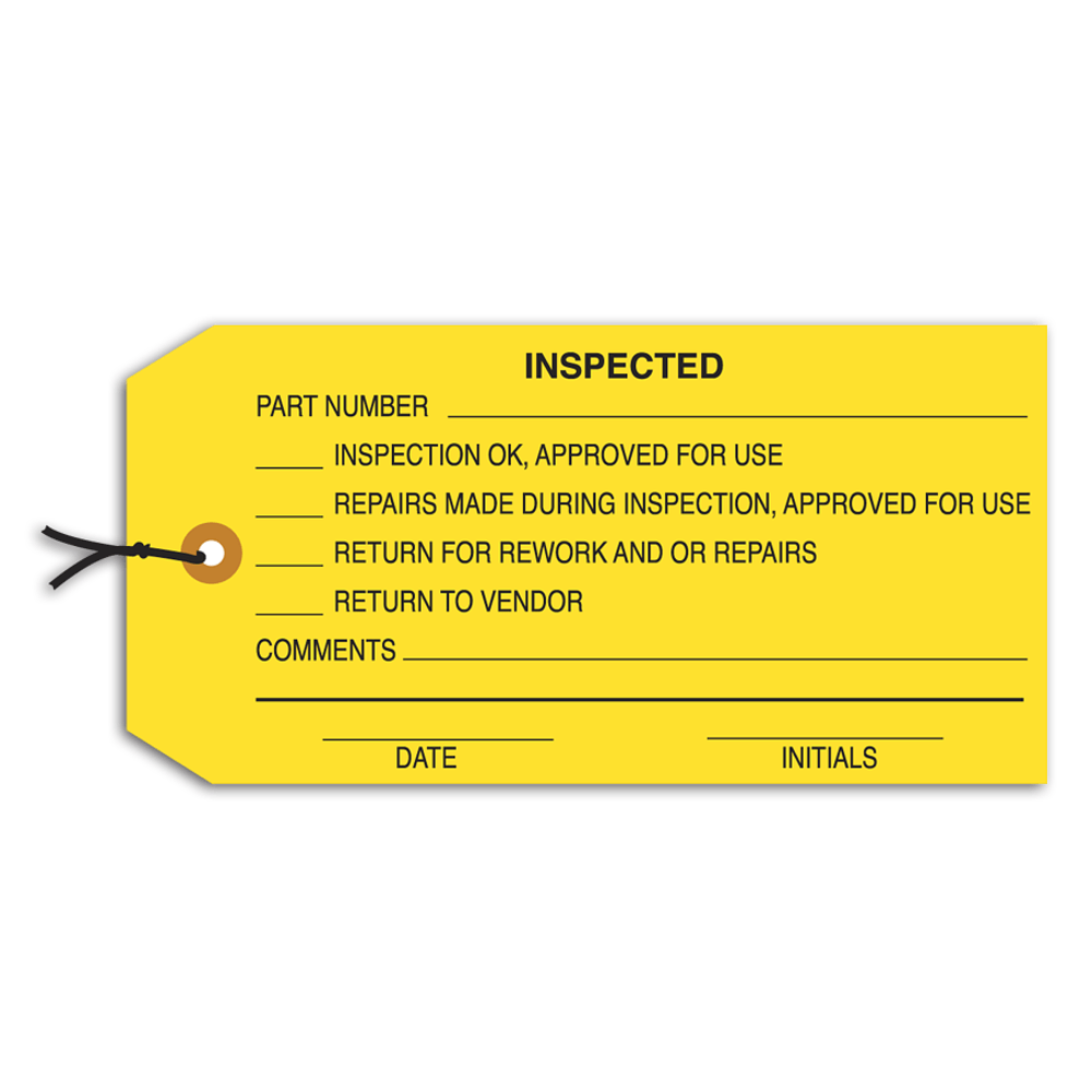 Partners Brand Prewired Inspection Tags, "Inspected," 4 3/4in x 2 3/8in Yellow, Box Of 1,000