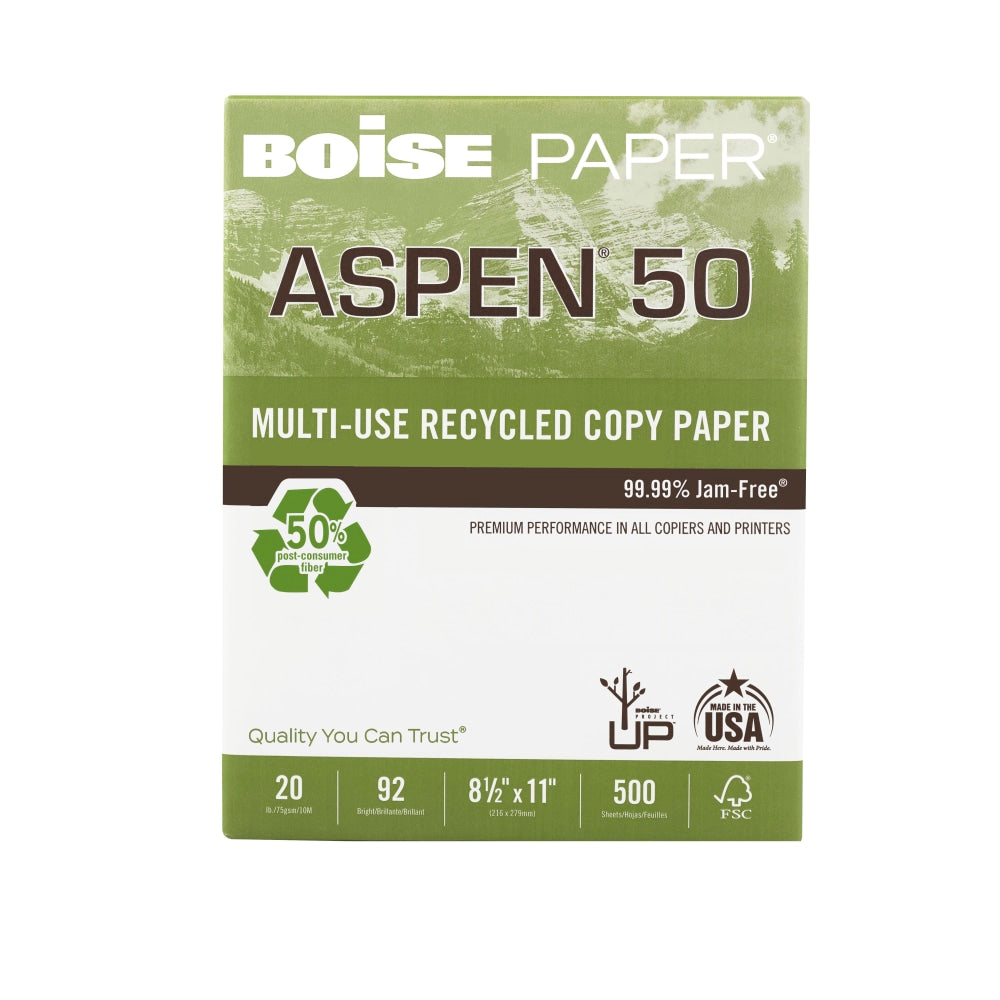 Boise ASPEN 50 Multi-Use Printer & Copy Paper, White, Letter (8.5in x 11in), 500 Sheets Per Ream, 20 Lb, 92 Brightness, 50% Recycled, FSC Certified