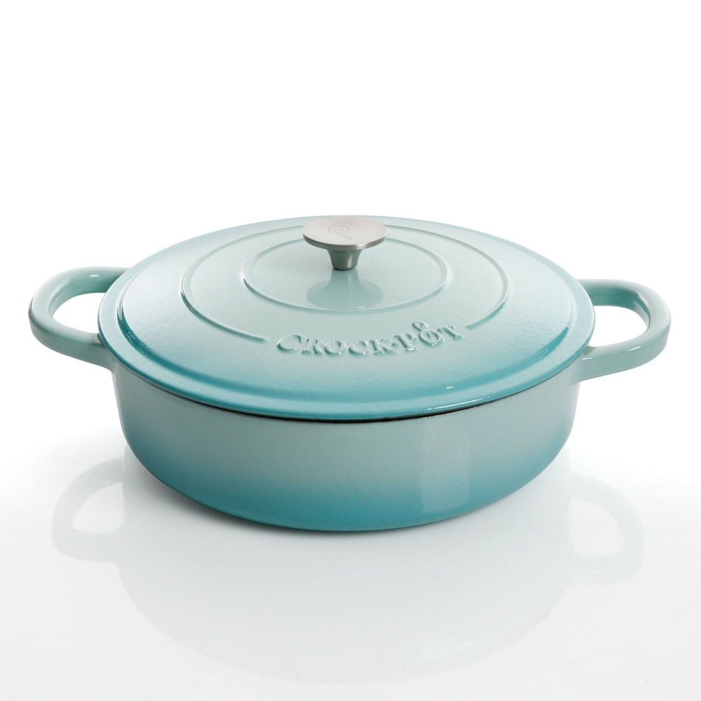 Crock-Pot Artisan 2-Piece Enameled Cast Iron Braiser Pan, 5 Quart, Aqua Blue