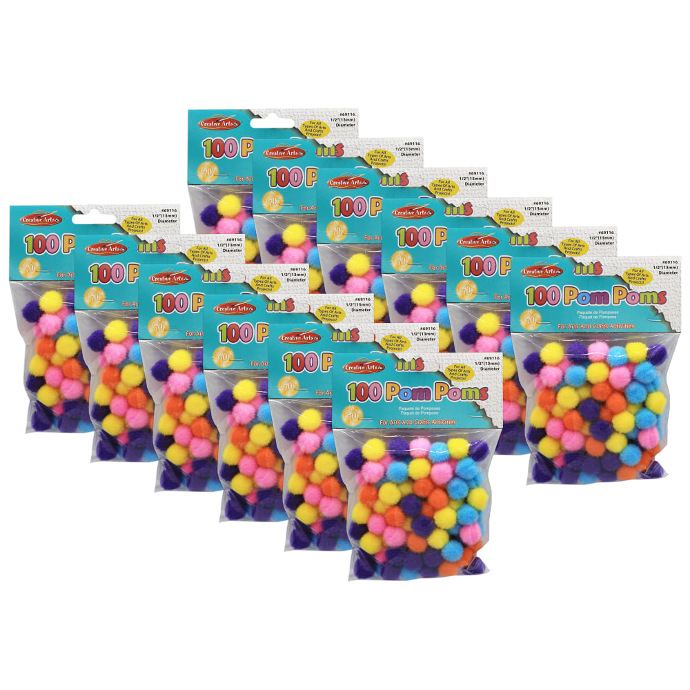 Charles Leonard Pom-Poms, 1/2in, Hot Colors, 100 Pom-Poms Per Pack, Set Of 12 Packs