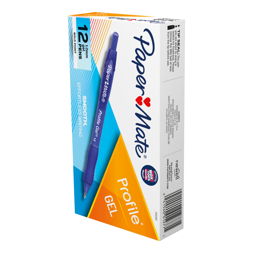 Paper Mate Profile Gel Retractable Pens, Medium Point, 1.0 mm, Blue Barrel, Blue Ink, Pack Of 12 Pens